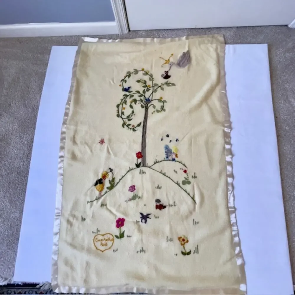 Vintage Embroidered Baby Blanket 33x51 Storybook Nursery Decor Heirloom